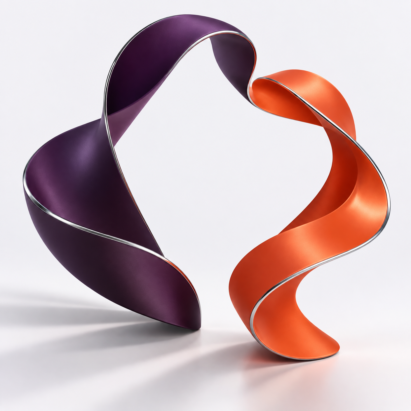 Two abstract sculptural ribbons in graphite and platinum tones curving around a shared open space